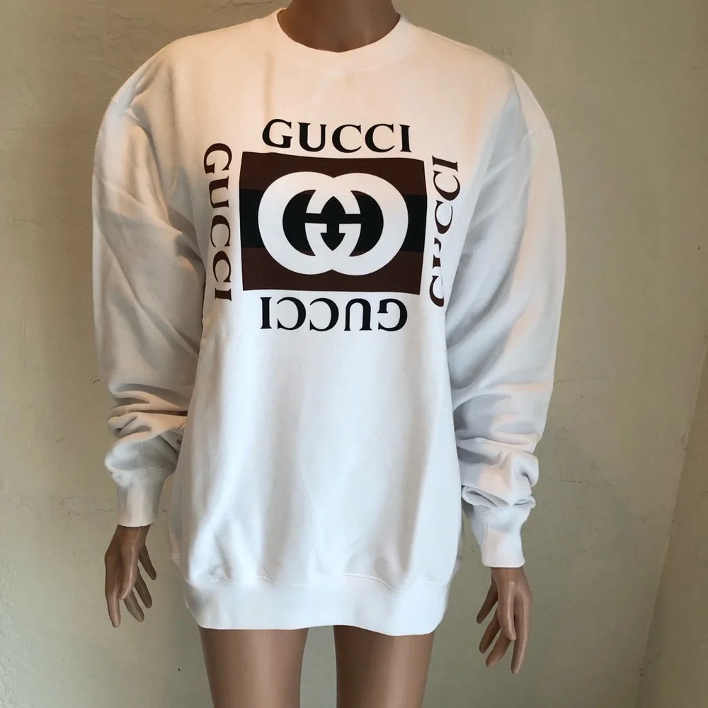 Gucci Logo GG Men’s Size S Felted Cotton Jersey White/Brown Sweatshirt Pullover